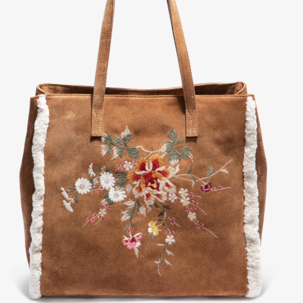 NWT Johnny Was suede Acacia Sherpa tote Italian leather with embroidery